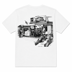 White t-shirt with black sketch drawing of old flora bama building and motorcycles 