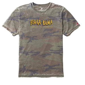 camo tshirt with yellow flora bama logo across the front