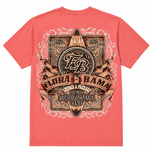 Coral t-shirt with intricate black and white graphic design with surfboard and flora-bama text