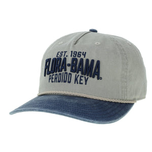 A gray structured cap with 'FLORA-BAMA PERDIDO KEY' text and a rope detail on the front.