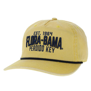 A yellow structured cap with 'FLORA-BAMA PERDIDO KEY' text and a rope detail on the front.