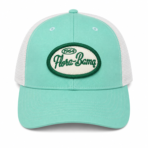 Mint green cap with white mesh back and green flora bama text on oval patch
