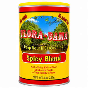Flora Bama Spicy Blend seasoning can with scenic label