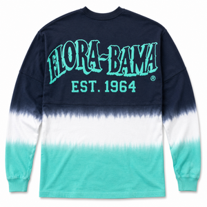 Navy and teal tie-dye long-sleeve shirt with 'Flora-Bama' text on a white background
