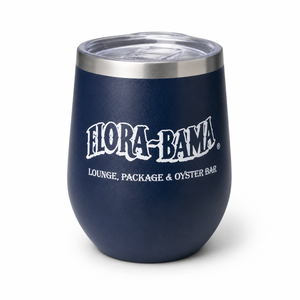 Navy blue tumbler with 'Flora-Bama' logo on a white background