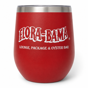 Red tumbler with 'Flora-Bama' logo on a white background