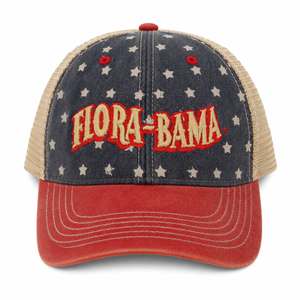 denim hat with white stars and flora bama logo in tan and red with red bill