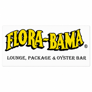 white sticker with yellow flora bama logo