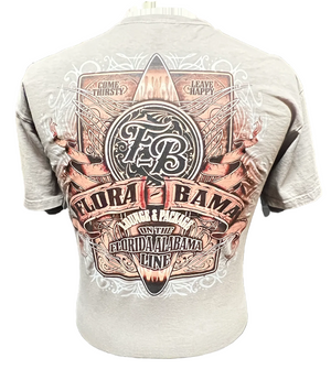 A gray colored t-shirt with a graphic print on the back featuring text and a logo, and a small logo on the front left chest.