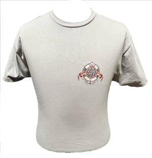 A gray colored t-shirt with a graphic print on the back featuring text and a logo, and a small logo on the front left chest.