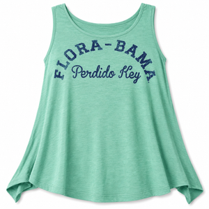 Green tank top with 'Flora-Bama Perdido Key' text on a white background