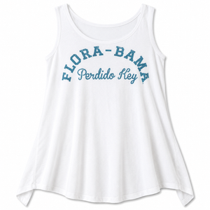 White tank top with 'Flora-Bama Perdido Key' text on a white background