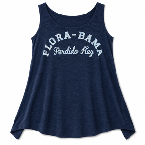 Navy blue tank top with 'Flora-Bama Perdido Key' text on a white background