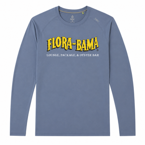 Blue long-sleeve shirt with 'yellow Flora-Bama' logo front