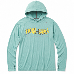Teal hoodie with 'Flora-Bama' text on a white background