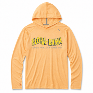 Orange hoodie with 'Flora-Bama' logo on a white background