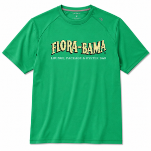 Green t-shirt with 'Flora-Bama' logo on a white background
