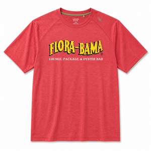 Red t-shirt with 'Flora-Bama' logo on a white background