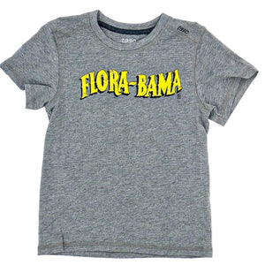 gray tshirt with yellow flora bama logo across the front