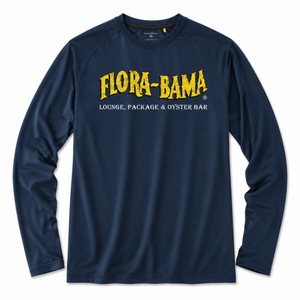 Navy long-sleeve shirt with yellow 'Flora-Bama' logo