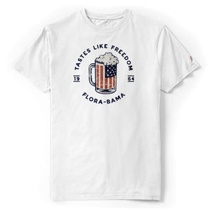 white short sleeve shirt with red white and blue beer mug and flora bama text in a circle around mug