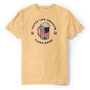 yellow short sleeve shirt with red white and blue beer mug and flora bama text in a circle around mug