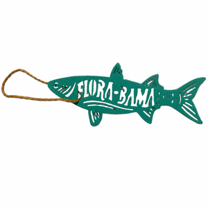 Decorative fish-shaped sign with 'Flora-Bama' text on a white background