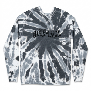 Tie-dye sweatshirt with 'Flora-Bama' text on a white background