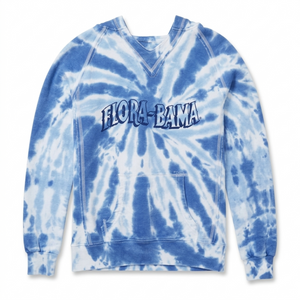 Blue and white tie-dye sweatshirt with 'Flora-Bama' text on a white background