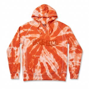 Tie-dye hoodie with 'flora Bama' text on a white background