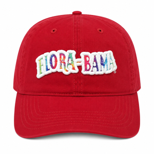 red hat with tie dye flora bama logo outlined in white