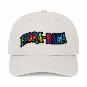 white hat with tie dye flora bama logo outlined in black