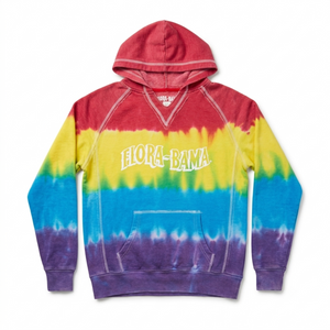 Tie-dye hoodie with colorful design and 'Hula-Bama' text on a white background