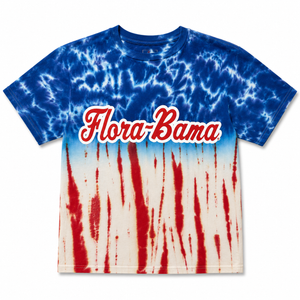 Tie-dye t-shirt with 'Flora-Bama' text on a white background