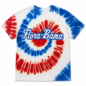 Tie-dye t-shirt with 'Flora Bama' text on a white background