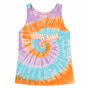 Tie-dye tank top with 'Flora-Bama' text on a white background