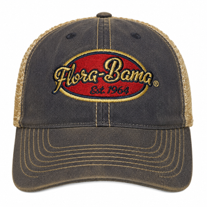 denim hat with oval flora bama patch