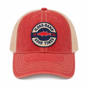 Red and beige cap with a logo with a fish