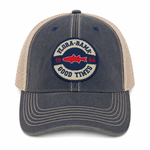 Blue and beige cap with a circular logo featuring text and a fish illustration 