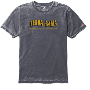 gray tshirt with yellow flora bama logo across the front
