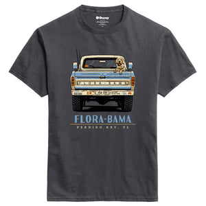 Gray t-shirt with a graphic of a truck and dog, featuring 'Flora-Bama' text, on a white background.