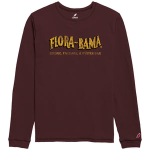 A red long sleeve crew shirt with 'Flora-Bama' logo printed across the front in yellow
