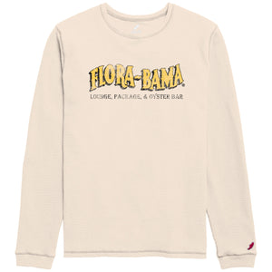 A long sleeve crew shirt with 'Flora-Bama' logo printed across the front in yellow