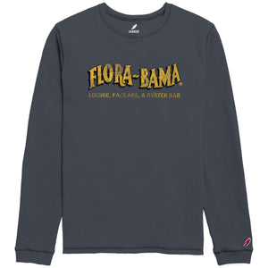 A grey  long sleeve crew shirt with 'Flora-Bama' logo printed across the front in yellow