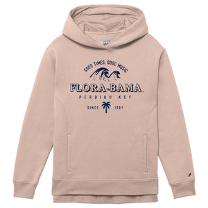 A pink hoodie with 'Flora-Bama' text and a palm tree graphic with waves on the front.