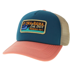 A blue and pink baseball cap with blue and orange embroidery on the front panel, featuring the text 'Flora-Bama GET PERDIDO 1964' 