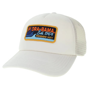 A white baseball cap with blue and orange embroidery on the front panel, featuring the text 'Flora-Bama GET PERDIDO 1964' 