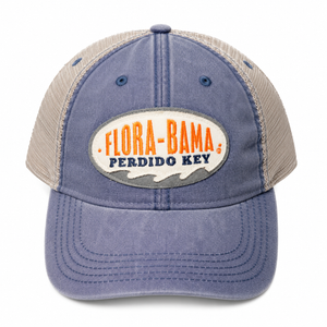 blue hat with florabama and waves on front