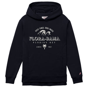 A black hoodie with 'Flora-Bama' text and a palm tree graphic with waves on the front.