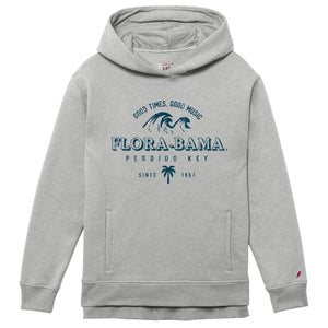A gray hoodie with 'Flora-Bama' text and a palm tree graphic with waves on the front.